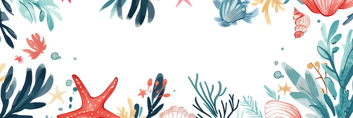 Wall Mural - Vibrant coral and seashell frame banner with starfish and seaweed, white background. Panoramic web header. Wide screen wallpaper with copy space
