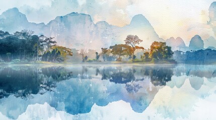 Amazing watercolor view of foggy morning of a mountain range with a lake in the foreground. water is calm and the sky is blue. travel landscapes and destinations