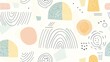 © CHOI POO - Seamless pattern of pastel-colored hand-drawn minimalist geometric shapes, creating a clean and modern design