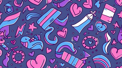 Wall Mural - Seamless pattern of hand-drawn Bisexual Pride flags and hearts, creating a vibrant and supportive design with pink, purple, and blue colors