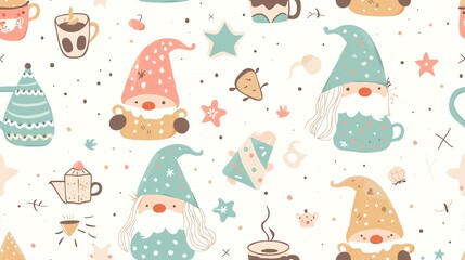 Wall Mural - Seamless pattern of gnomes with coffee accessories, like kettles and cups, in hand-drawn pastel colors for a delightful design