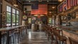 © UnderTheSun - Cozy rustic brewery with wooden decor, American flag, bar seating, and barrels in a vintage setting.