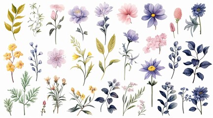 A collection of watercolor illustrations featuring various floral elements, including flowers, leaves, and branches. These delicate and vibrant designs are perfect for creating beautiful patterns