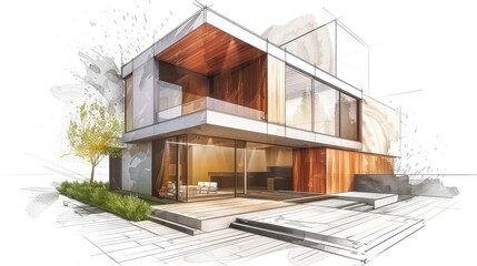 Wall Mural - modern architectural house sketch exterior home project concept art