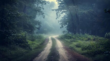 Wall Mural - mysterious foggy forest road sparking curiosity and wonder atmospheric landscape photograph