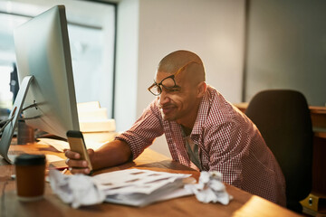 Aufkleber - Man, glasses and late night in office with stress for job with crazy employee or confused with overtime. Mental health, exhausted and mad with designer burnout, frustrated and losing control .