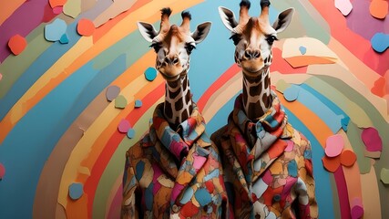 Wall Mural - A giraffe with a patterned coat is standing tall in front of a multicolored background.