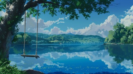 Sticker - Peaceful lake with a swing in a summer landscape for relaxation themed designs