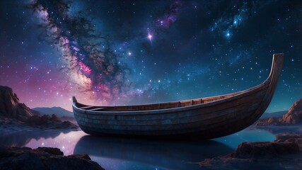 Wall Mural - A mesmerizing digital anime depicts a shimmering starry skiff gliding through the cosmos, its sleek silhouette outlined against a backdrop of twinkling galaxies.