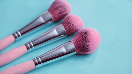 Beauty Cosmetics Makeup Pink Brush Sets with Copyspace for text, Abstract colorful blue background, Fashion and Self Confidence