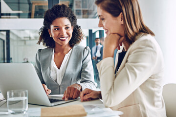 Poster - Laptop, teamwork and women in office together for online project management, partnership and financial advisor. Strategy, planning and business people in b2b meeting for proposal, review and ideas