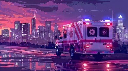 Police van on a rooftop in a futuristic city at night