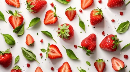 Wall Mural - ripe strawberry with slices and leaves floating on white fresh fruit image