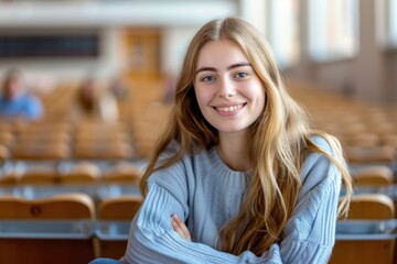 Wall Mural - A girl with long blonde hair is smiling and posing for a picture in a classroom