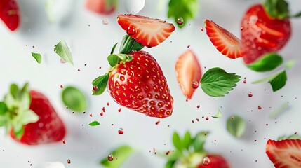 Wall Mural - ripe strawberry with slices and leaves floating on white fresh fruit image