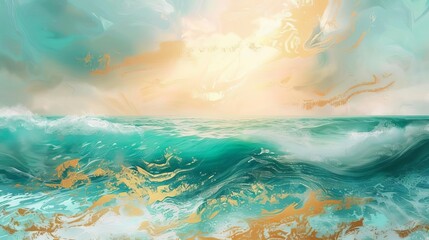 romantic gold sky and teal ocean waves painting seascape banner with copy space abstract background