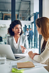 Poster - Laptop, meeting and business people in office for discussion, talking and consulting for online proposal. Corporate, financial advisor and women on computer for planning, website and feedback report
