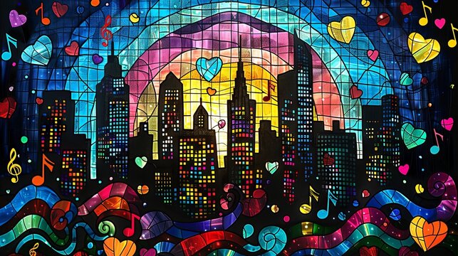 stained glass with  city surrounded by colorful musical notes and sound waves, with hearts floating around it. 