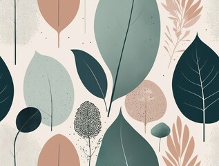Wall Mural - abstract botanical design, incorporating natural shapes and forms, nature colour palette, halftone print using ben day dots, harmonious balance, delicate textures