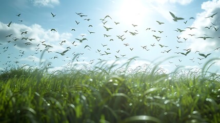 Wall Mural - A flock of birds flying overhead, their shadows fleeting across a grassy meadow