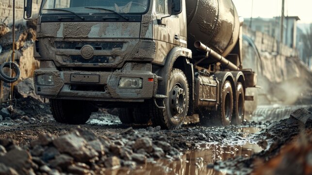 A dirty truck is driving through a muddy road