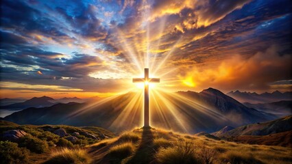 Wall Mural - Majestic landscape with a glowing cross symbolizing the power of Lord Jesus