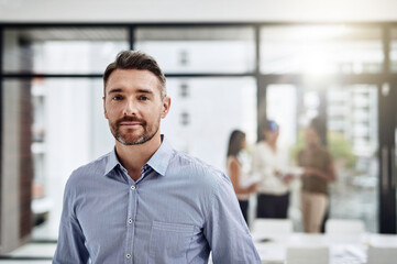 Canvas Print - Business man, portrait and manager for collaboration, working and teamwork for workplace. Entrepreneur, office and communication for job solidarity, expertise and employee for company management