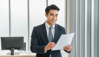 Wall Mural - Happy young Latin business man checking financial documents in office. Smiling male professional account manager executive lawyer holding corporate tax bill papers standing at work