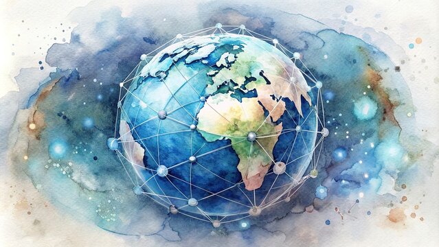 Fictional globe with interconnected technologies depicted in visualization using generative and watercolor