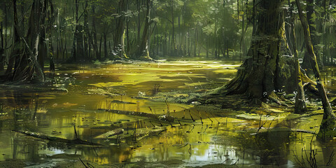 Wall Mural - Squalid Sludge Swamp: High-resolution view of a squalid and slimy swamp environment, colored in murky greens, slimy yellows, and dirty browns