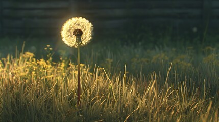 Wall Mural - A lone dandelion standing tall in a field, its shadow blending with the grass around it