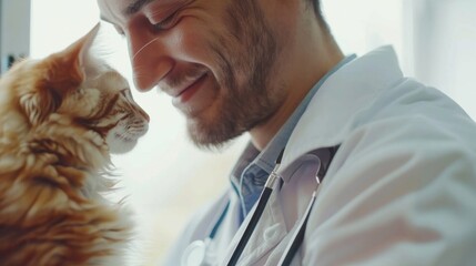 Wall Mural - Smiling vet doctor with dog pet and fluffy cat