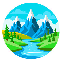 Wall Mural - Cartoon landscape with green hills, pine trees and snowy mountains under a blue sky