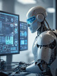 © Anisah - worker robot in front of transparent monitor screen with Generative AI Technology