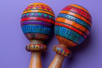 Wall Mural - A pair of artisanal maracas with elaborate designs on a bright, colorful background