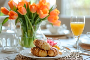 Wall Mural - a plate of food and a glass of orange juice on a table with flowers in the background
