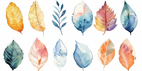 Wall Mural - bunch of different colored leaves on a white background