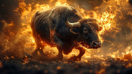 Wall Mural - Animal illustration, Bull runs on fire. Business concept for bullfighting in Spain. Unusual image. Dark background on fire.
