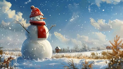 Wall Mural - Smiling snowman in a winter wonderland for christmas or holiday designs