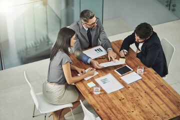 Poster - Meeting, discussion and business people with paperwork in office for review, budget report or project proposal. Lens flare, corporate consultant and staff for conversation, sales graph or teamwork