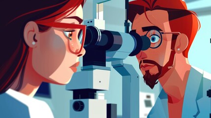 Poster - A couple examining samples under a microscope, compact and precise instrument for scientific research