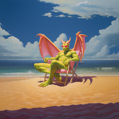 Wall Mural - there is a dragon sitting in a chair on the beach