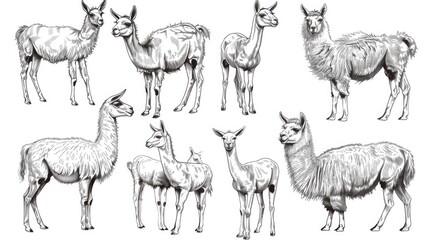 Sticker - A group of llamas posing in unison, suitable for use as a graphic or illustration