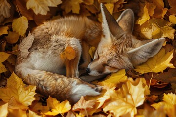 Canvas Print - A fox curled up and sleeping in a pile of colorful autumn leaves