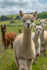 Poster - A group of llamas grazing in a green meadow