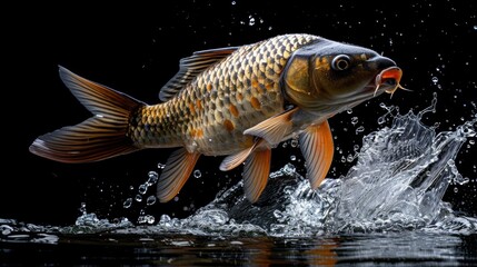 A large carp emerged from the water, splattering clear water droplets against a black background