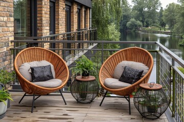 Wall Mural - Cozy Balcony with Rattan Chairs Overlooking Serene Riverside and Cityscape