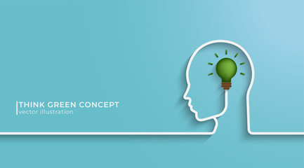 Poster - Head human with green bulb Ecology concept. Think green save the earth. Eco-friendly concept, Eco Thinking, Clean plant, Recycle. vector and illustration.