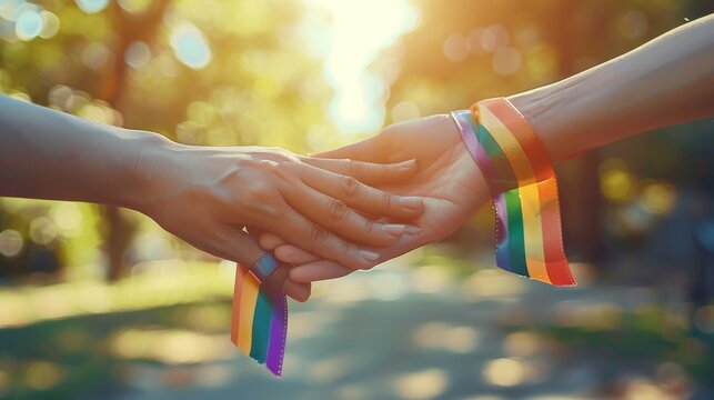 a close-up of a gay woman holding a rainbow ribbon, symbolizing their commitment to the lgbt communi