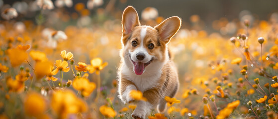 A chubby corgi puppy frolicking in a field of wildflowers
